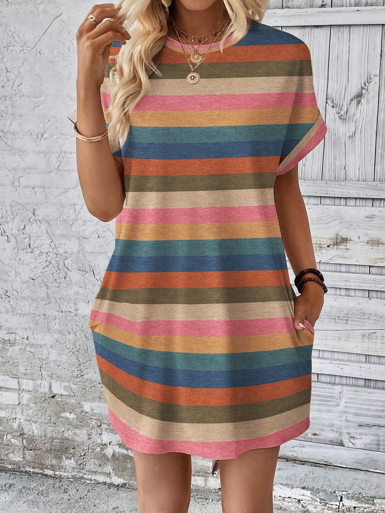 EMERY ROSE Women's Round Neck Pink And White Casual Daily Short Dress Vacation Summer
