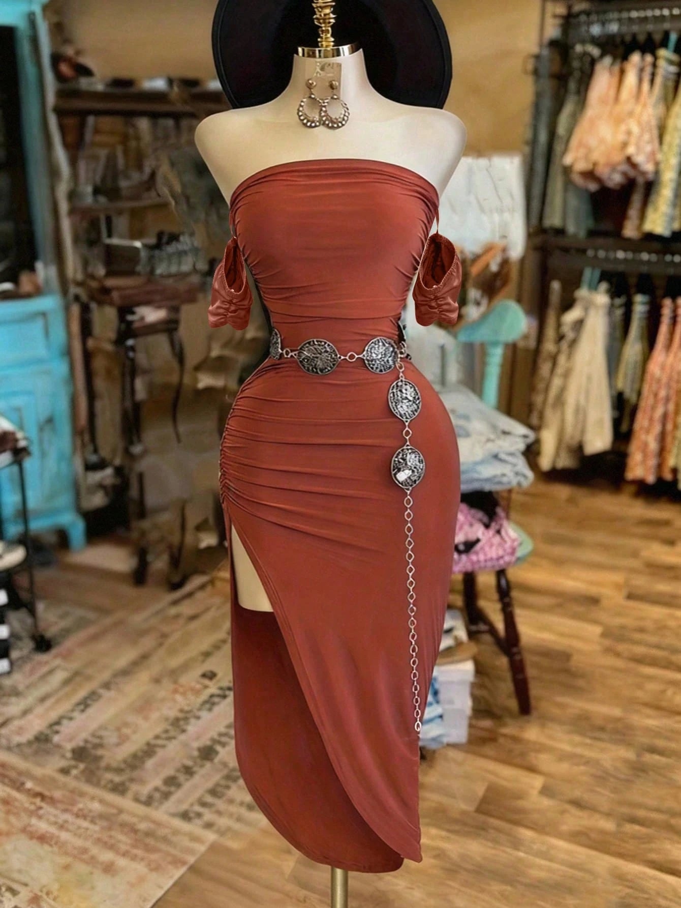 EMERY ROSE Women's Sexy Fashion Vacation Style Minimalist Solid Color Off-Shoulder Ruched Fitted High Slit Hem Dress, Without Belt