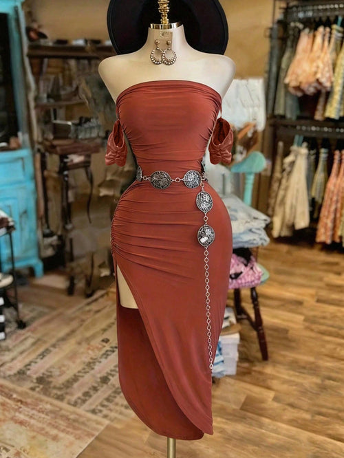 EMERY ROSE Women's Sexy Fashion Vacation Style Minimalist Solid Color Off-Shoulder Ruched Fitted High Slit Hem Dress, Without Belt