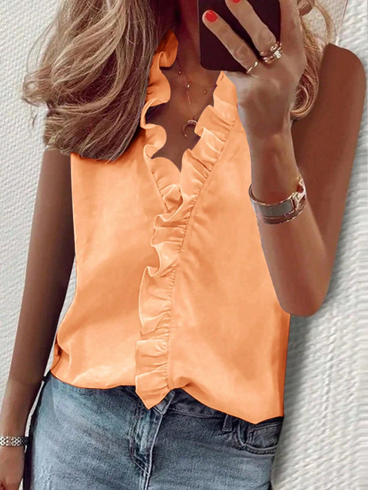 EMERY ROSE Women's Simple Solid Color V-Neck Sleeveless Ruffle Blouse, Summer