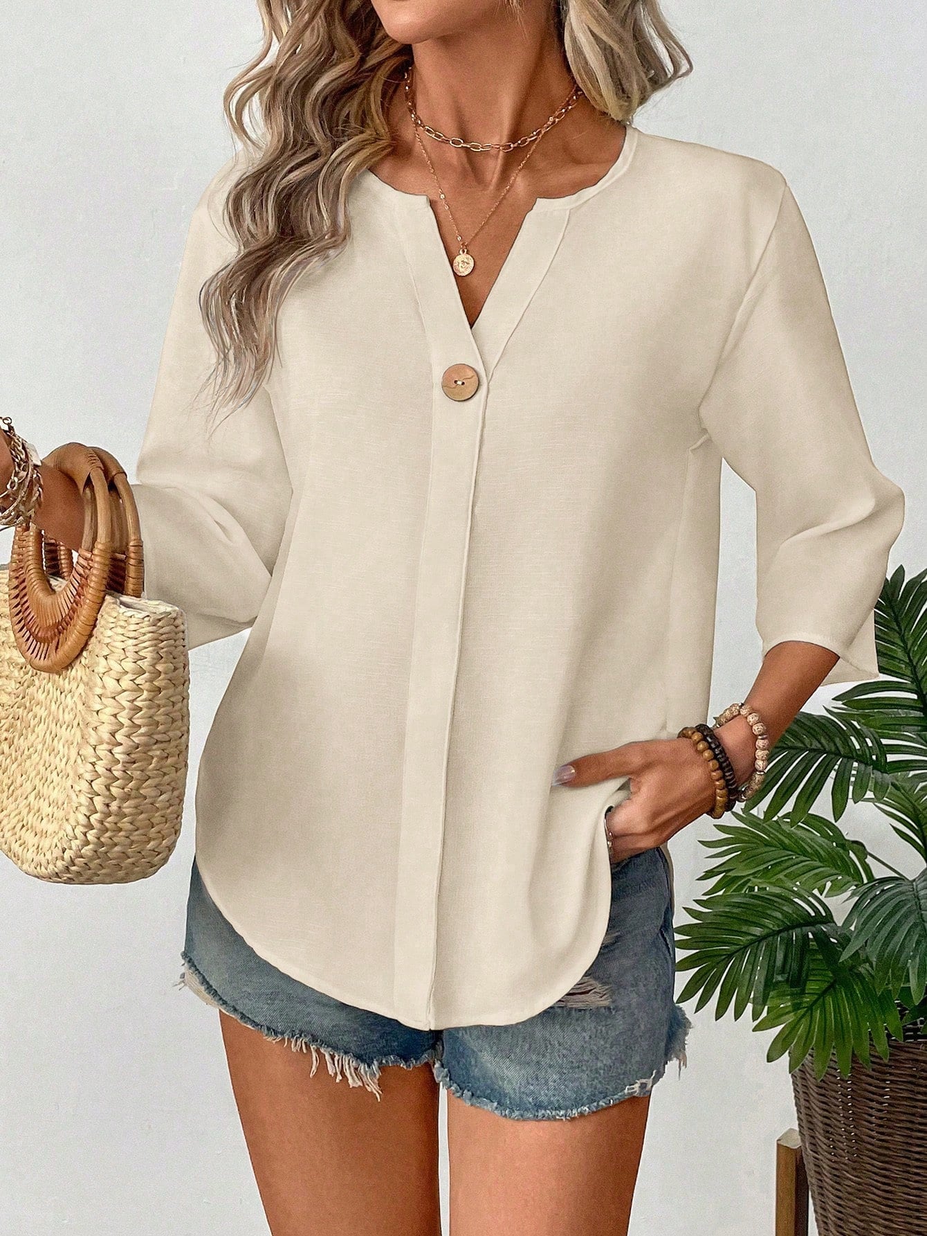 EMERY ROSE Women's Solid Color V-Neck Casual Versatile Daily Wear Shirt