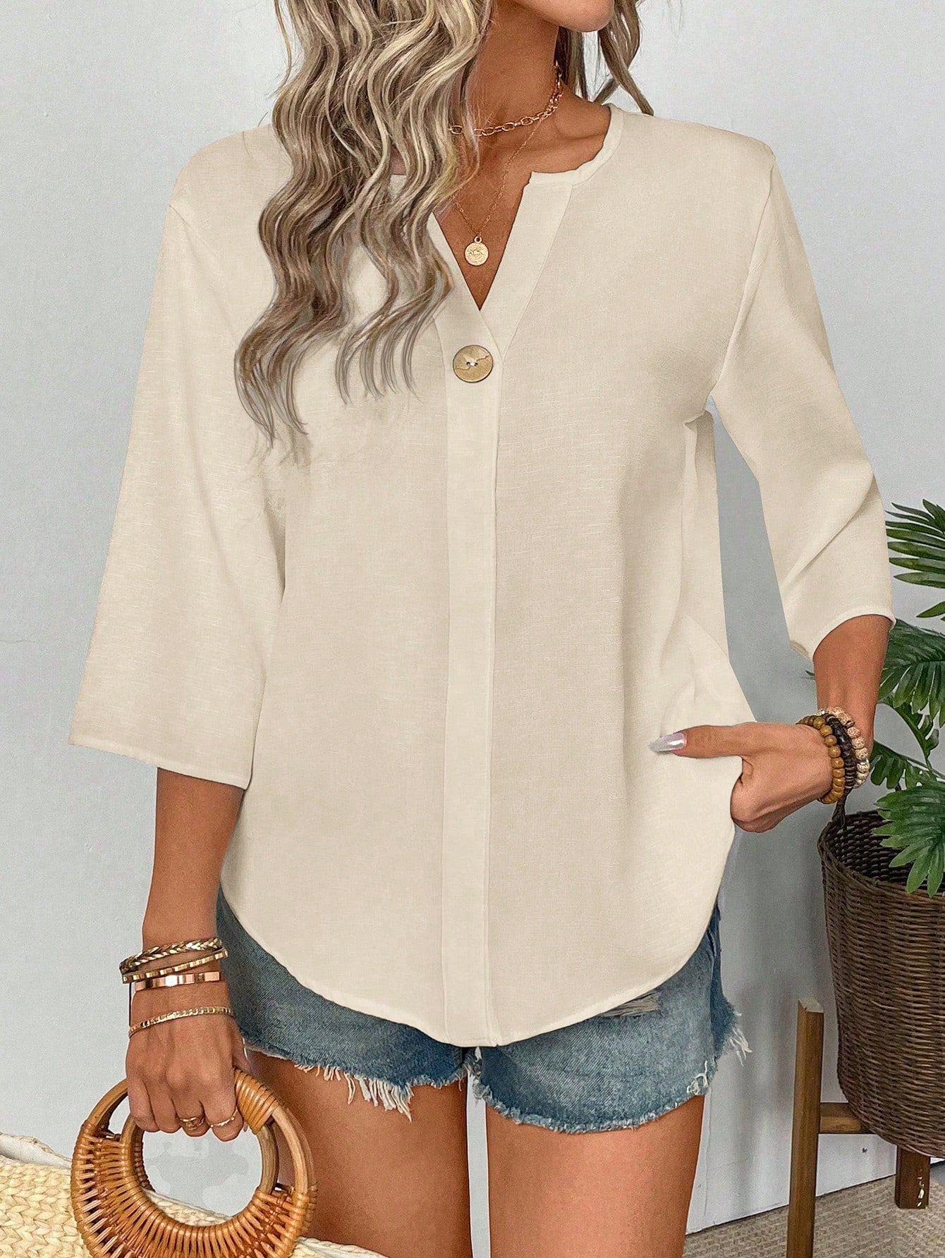 EMERY ROSE Women's Solid Color V-Neck Casual Versatile Daily Wear Shirt