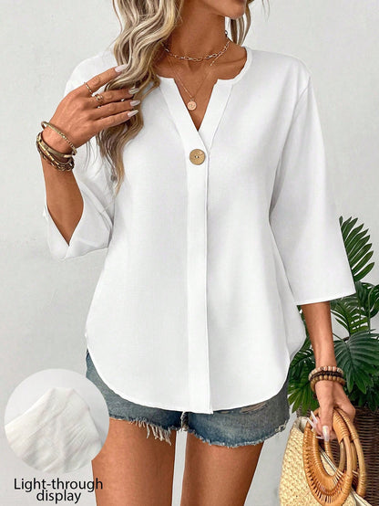 EMERY ROSE Women's Solid Color V-Neck Casual Versatile Daily Wear Shirt