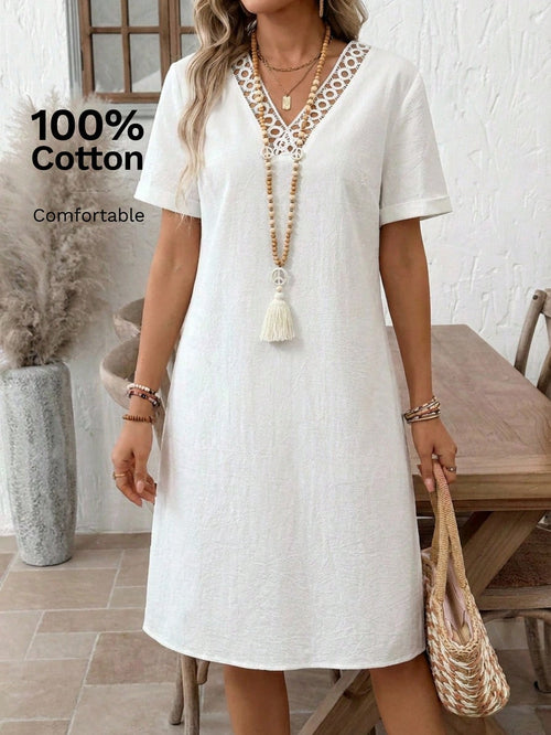 EMERY ROSE Women's Summer Holiday Patchwork Lace Short Sleeve White Mini Dress,100% Cotton Elegant Boho Casual Vacation Beach Outfits Country Clothes,Holiday