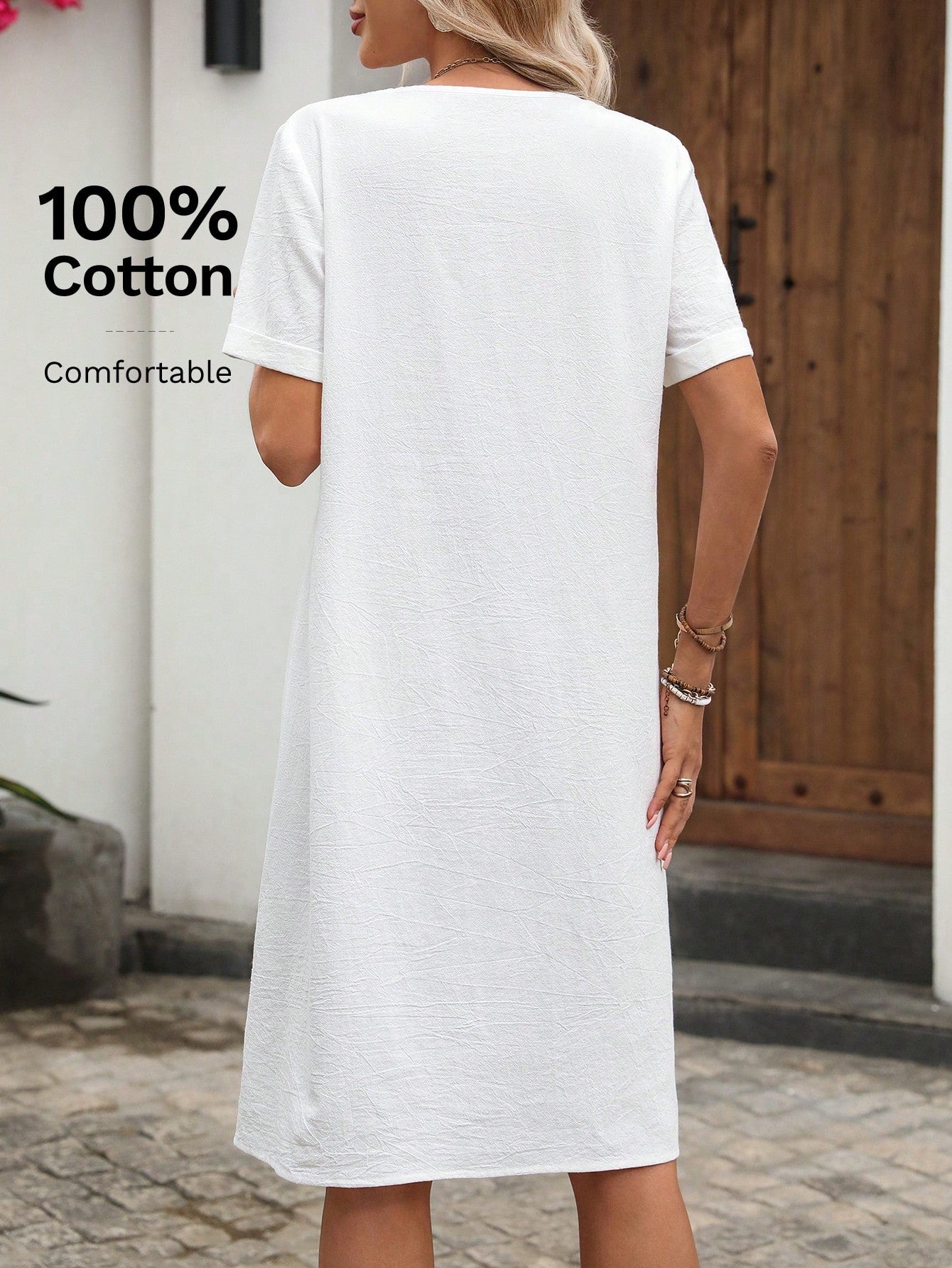 EMERY ROSE Women's Summer Holiday Patchwork Lace Short Sleeve White Mini Dress,100% Cotton Elegant Boho Casual Vacation Beach Outfits Country Clothes,Holiday