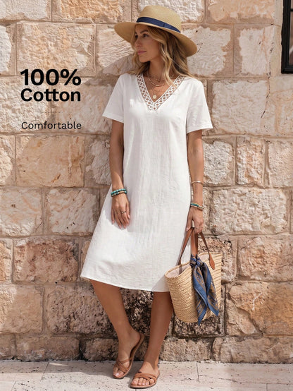 EMERY ROSE Women's Summer Holiday Patchwork Lace Short Sleeve White Mini Dress,100% Cotton Elegant Boho Casual Vacation Beach Outfits Country Clothes,Holiday