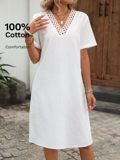 EMERY ROSE Women's Summer Holiday Patchwork Lace Short Sleeve White Mini Dress,100% Cotton Elegant Boho Casual Vacation Beach Outfits Country Clothes,Holiday