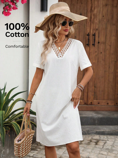 EMERY ROSE Women's Summer Holiday Patchwork Lace Short Sleeve White Mini Dress,100% Cotton Elegant Boho Casual Vacation Beach Outfits Country Clothes,Holiday