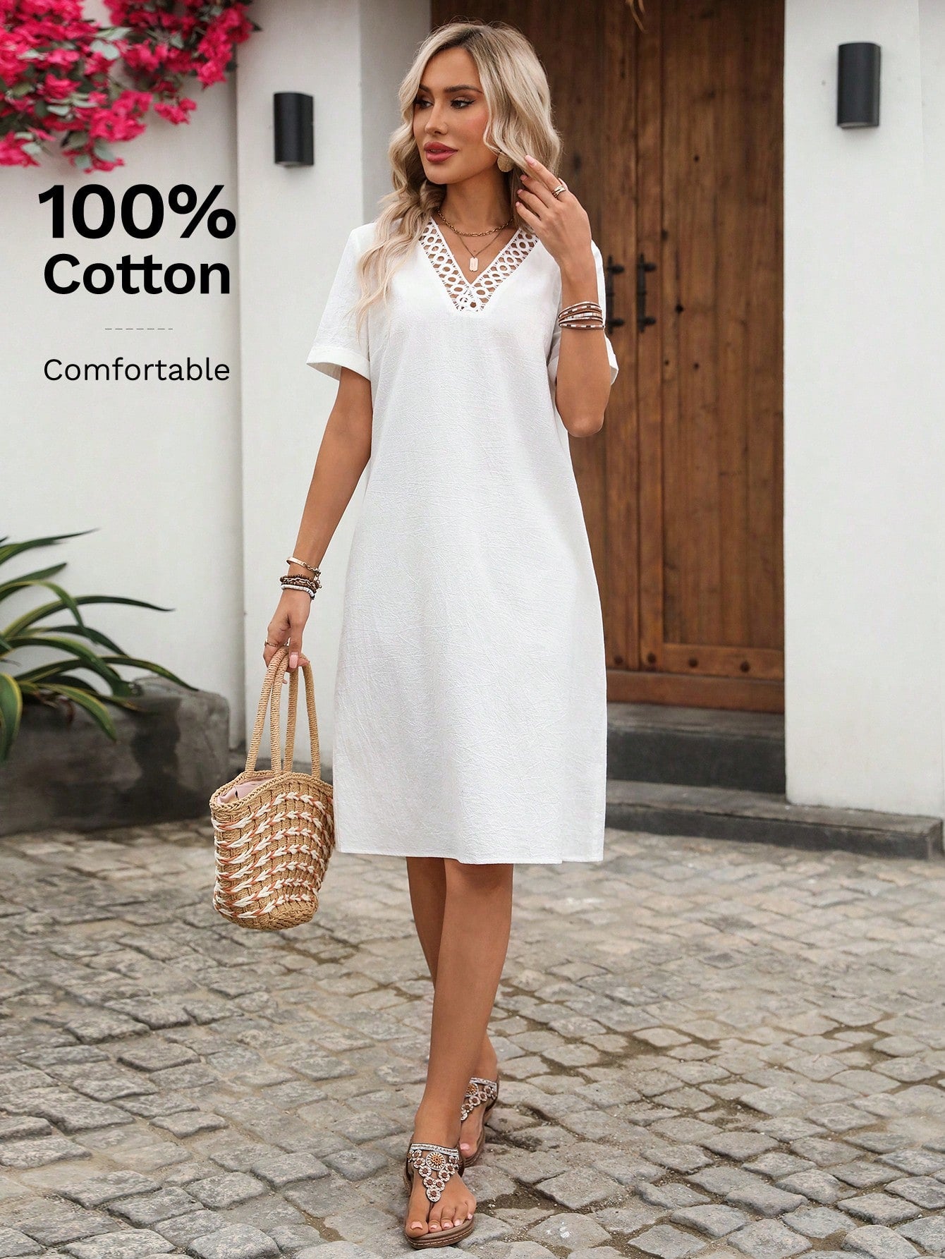 EMERY ROSE Women's Summer Holiday Patchwork Lace Short Sleeve White Mini Dress,100% Cotton Elegant Boho Casual Vacation Beach Outfits Country Clothes,Holiday