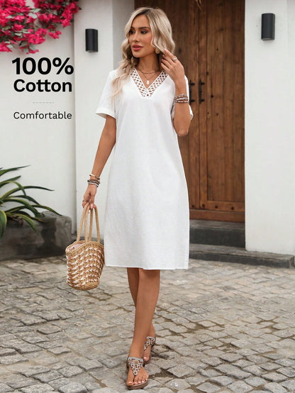 EMERY ROSE Women's Summer Holiday Patchwork Lace Short Sleeve White Mini Dress,100% Cotton Elegant Boho Casual Vacation Beach Outfits Country Clothes,Holiday
