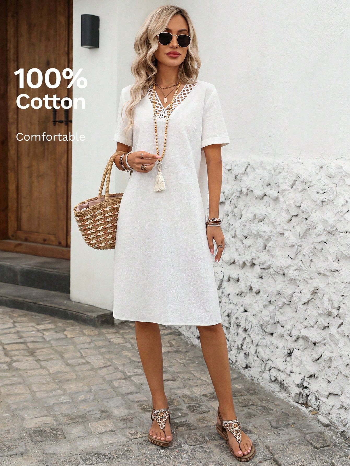 EMERY ROSE Women's Summer Holiday Patchwork Lace Short Sleeve White Mini Dress,100% Cotton Elegant Boho Casual Vacation Beach Outfits Country Clothes,Holiday