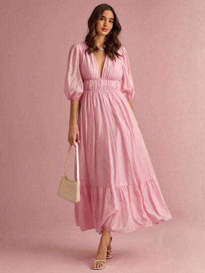 Enchnt Women's Soft Pink Elegant V-Neck Lantern Sleeve Long Dress, Summer Sun Dresses For Vacation&Date&Holiday&Party&Graduation&Wedding Guest&Prom