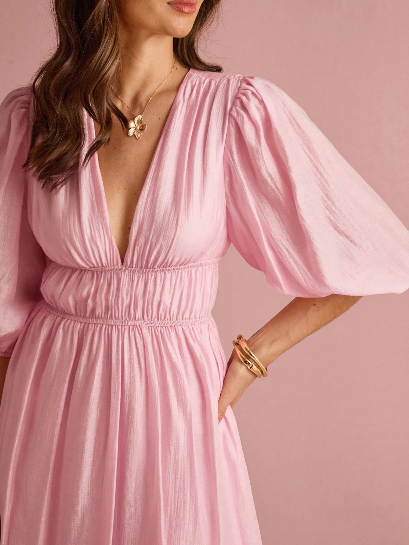Enchnt Women's Soft Pink Elegant V-Neck Lantern Sleeve Long Dress, Summer Sun Dresses For Vacation&Date&Holiday&Party&Graduation&Wedding Guest&Prom