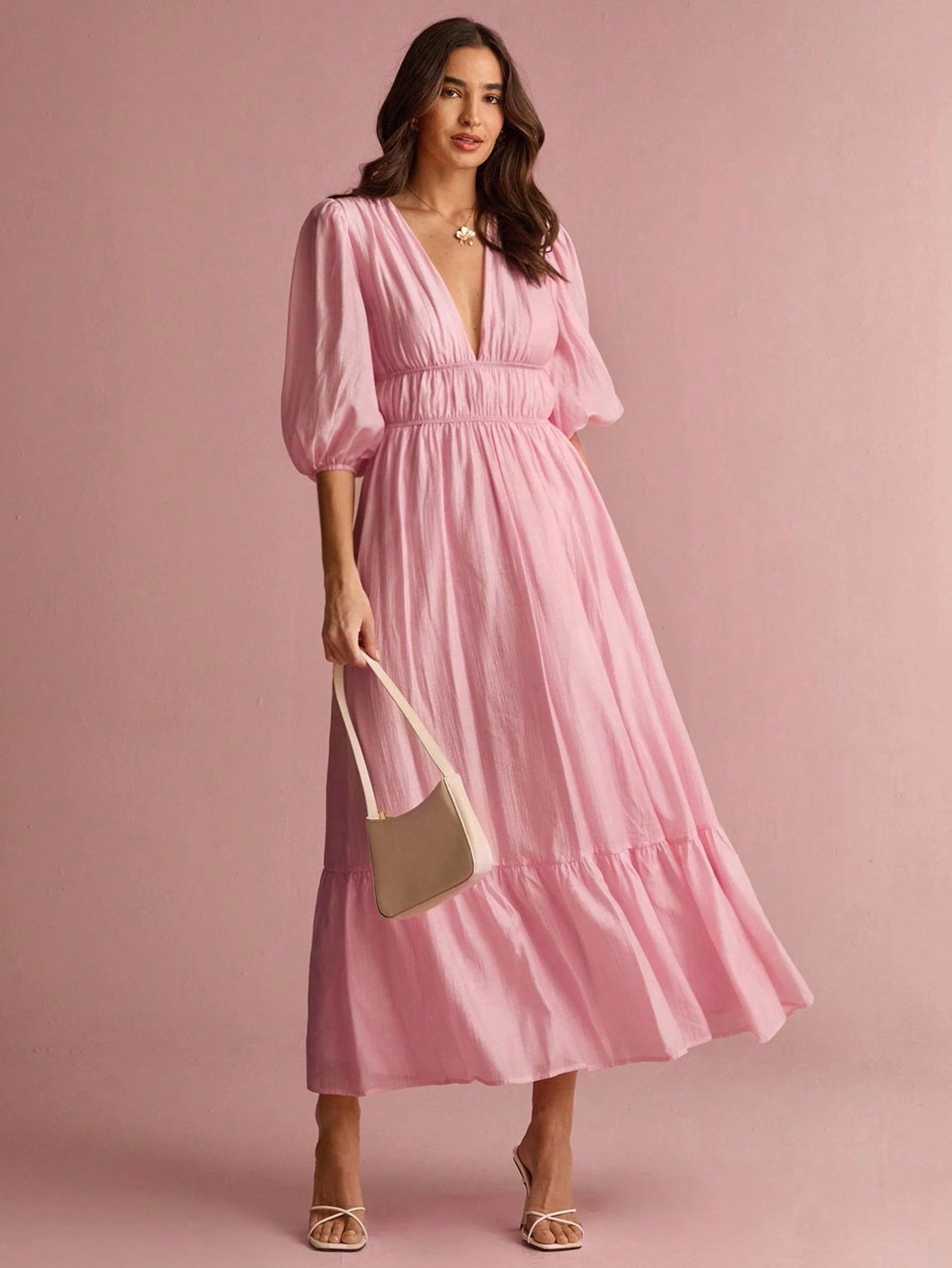Enchnt Women's Soft Pink Elegant V-Neck Lantern Sleeve Long Dress, Summer Sun Dresses For Vacation&Date&Holiday&Party&Graduation&Wedding Guest&Prom