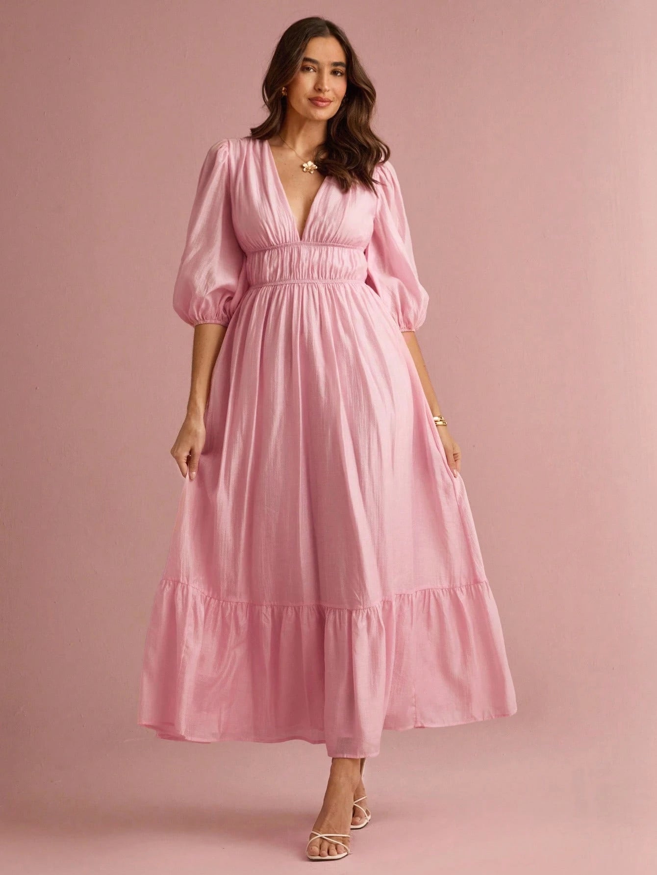 Enchnt Women's Soft Pink Elegant V-Neck Lantern Sleeve Long Dress, Summer Sun Dresses For Vacation&Date&Holiday&Party&Graduation&Wedding Guest&Prom