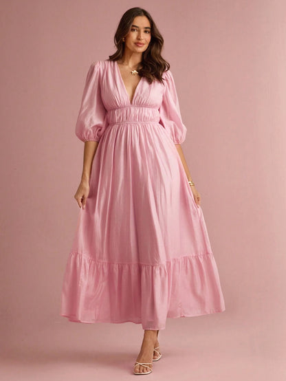 Enchnt Women's Soft Pink Elegant V-Neck Lantern Sleeve Long Dress, Summer Sun Dresses For Vacation&Date&Holiday&Party&Graduation&Wedding Guest&Prom