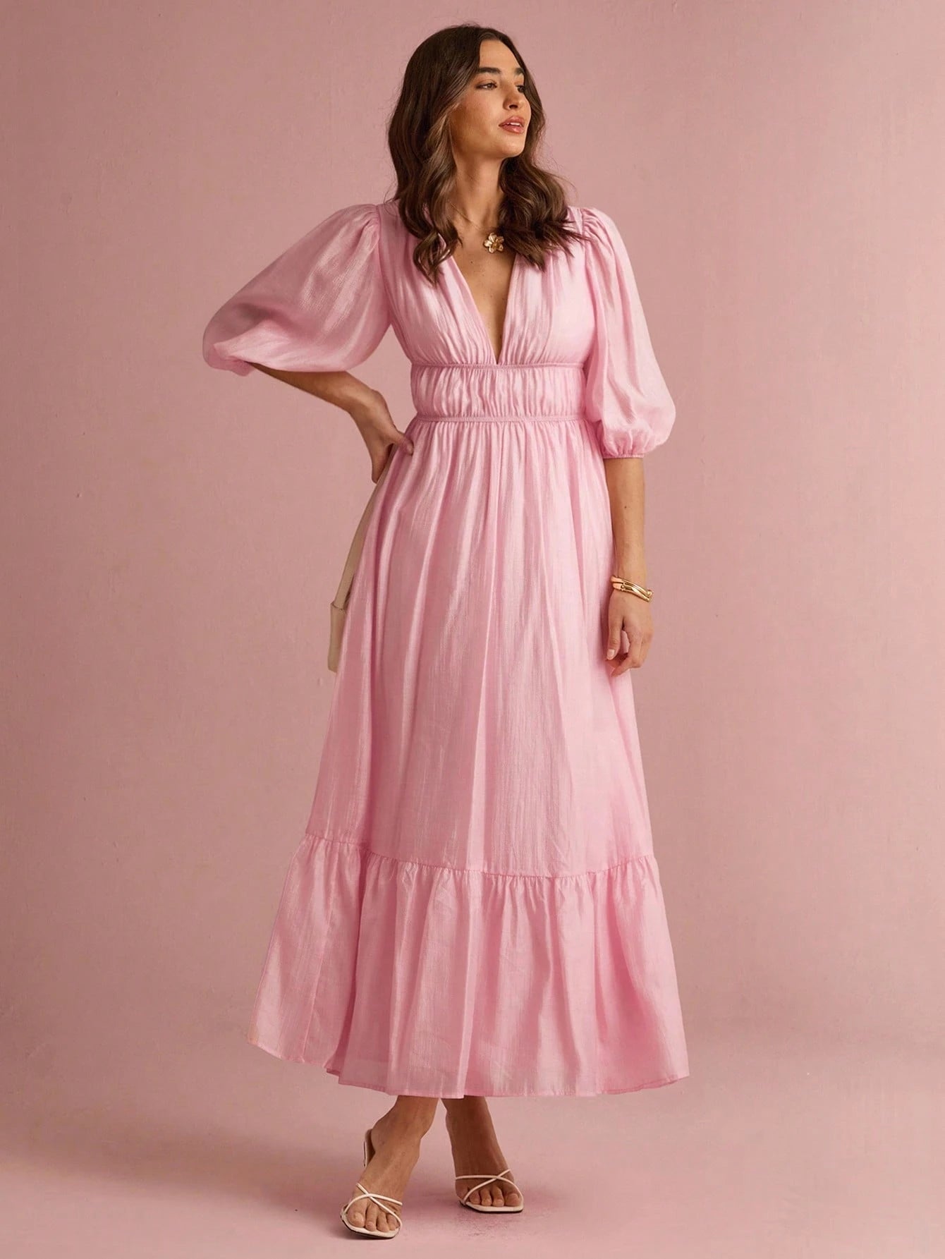 Enchnt Women's Soft Pink Elegant V-Neck Lantern Sleeve Long Dress, Summer Sun Dresses For Vacation&Date&Holiday&Party&Graduation&Wedding Guest&Prom