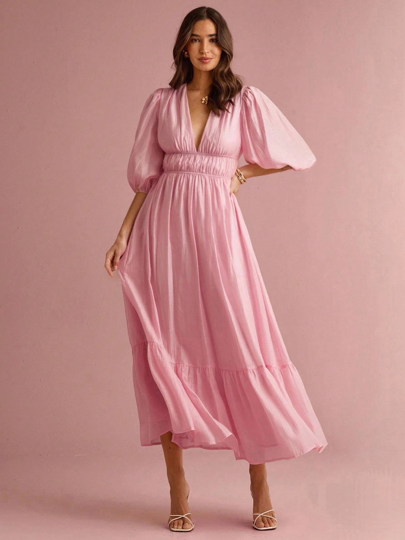 Enchnt Women's Soft Pink Elegant V-Neck Lantern Sleeve Long Dress, Summer Sun Dresses For Vacation&Date&Holiday&Party&Graduation&Wedding Guest&Prom
