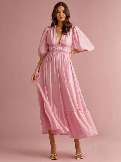 Enchnt Women's Soft Pink Elegant V-Neck Lantern Sleeve Long Dress, Summer Sun Dresses For Vacation&Date&Holiday&Party&Graduation&Wedding Guest&Prom