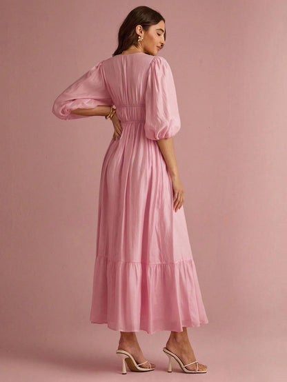 Enchnt Women's Soft Pink Elegant V-Neck Lantern Sleeve Long Dress, Summer Sun Dresses For Vacation&Date&Holiday&Party&Graduation&Wedding Guest&Prom