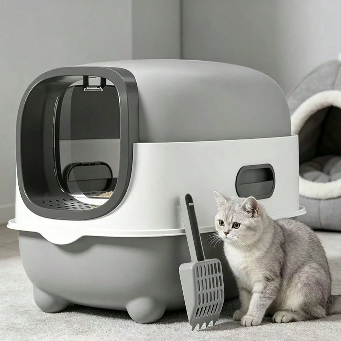 Enclosed Cat Litter Tray Kitten Toilet Prevent Sand Leakage Easy Clean Pet Supplies Kitty Litter Pan Hooded Pet Litter Tray, Gray 56*40*40cm