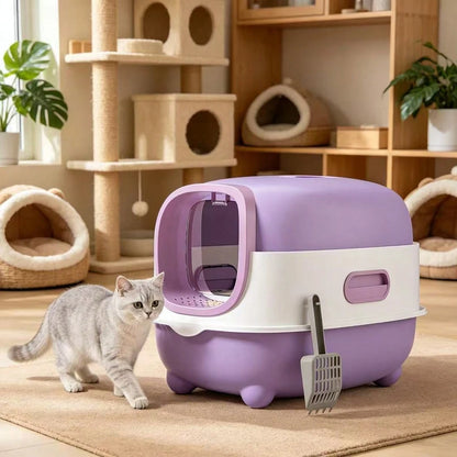 Enclosed Cat Litter Tray Kitten Toilet Prevent Sand Leakage Easy Clean Pet Supplies Kitty Litter Pan Hooded Pet Litter Tray, Gray 56*40*40cm