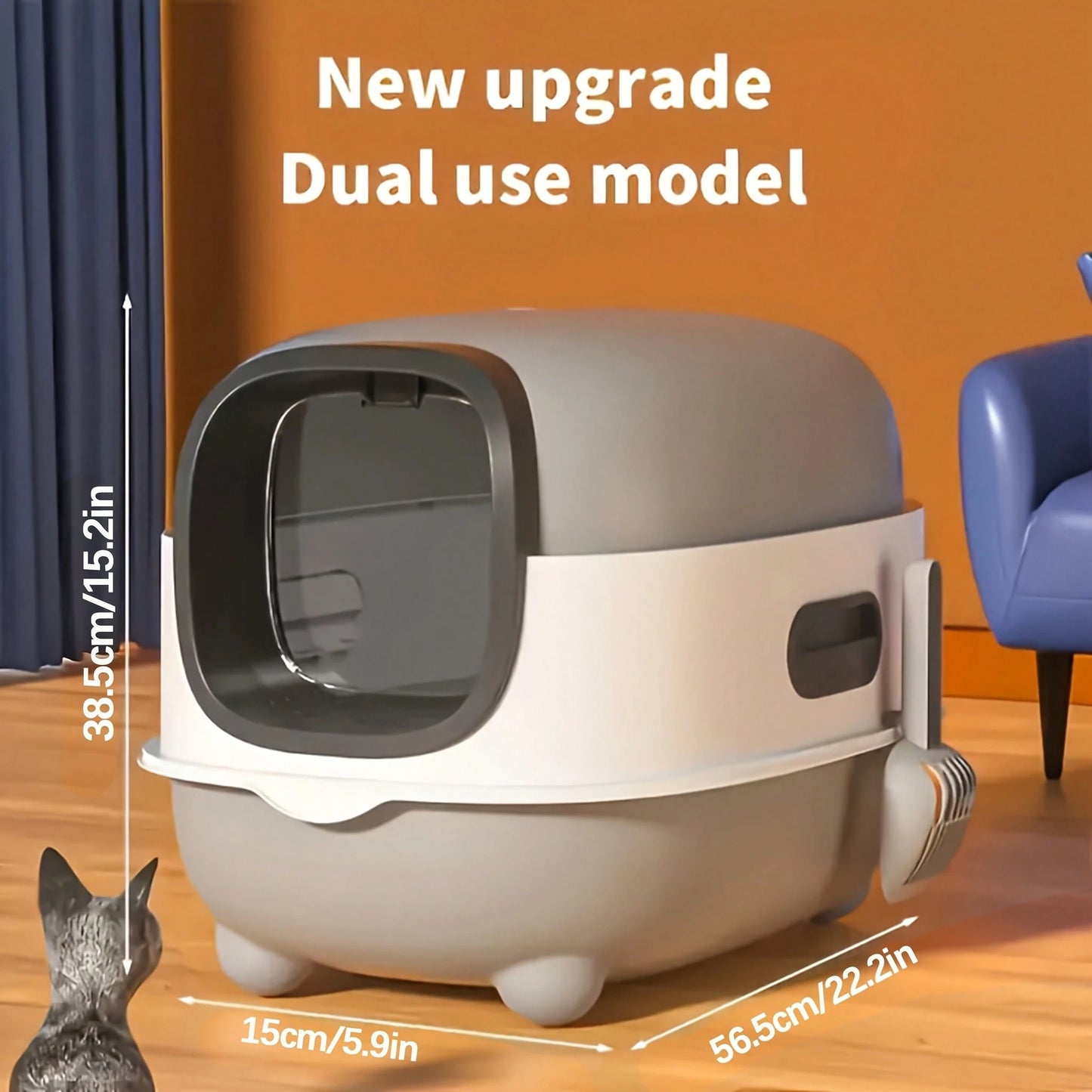 Enclosed Cat Litter Tray Kitten Toilet Prevent Sand Leakage Easy Clean Pet Supplies Kitty Litter Pan Hooded Pet Litter Tray, Gray 56*40*40cm