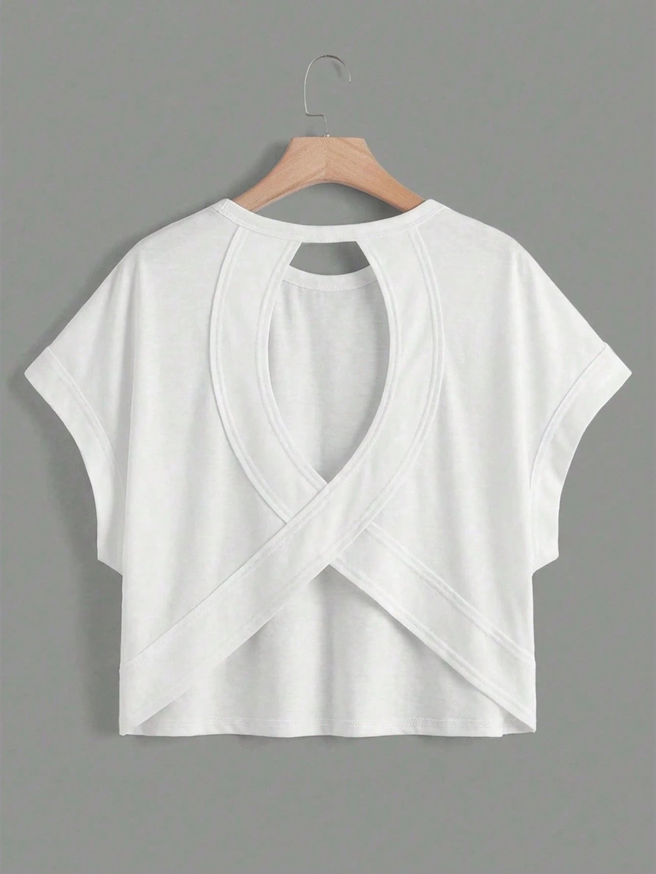Essnce Plus Size Solid Color Round Neck Short Sleeve Batwing Hollow Out T-Shirt, Summer
