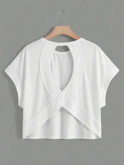Essnce Plus Size Solid Color Round Neck Short Sleeve Batwing Hollow Out T-Shirt, Summer