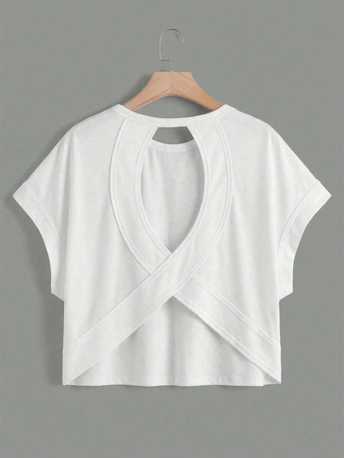 Essnce Plus Size Solid Color Round Neck Short Sleeve Batwing Hollow Out T-Shirt, Summer