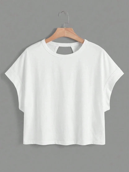 Essnce Plus Size Solid Color Round Neck Short Sleeve Batwing Hollow Out T-Shirt, Summer