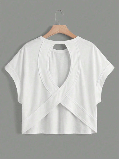 Essnce Plus Size Solid Color Round Neck Short Sleeve Batwing Hollow Out T-Shirt, Summer