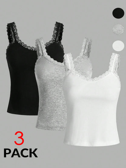 Essnce Plus Size Women's 3-Pieces Camisole Tops Elegant Business Casual Lace Splicing Suspenders Black White Grey Summer Commuting Lounge Office