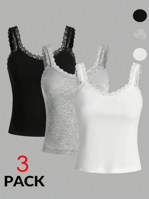 Essnce Plus Size Women's 3-Pieces Camisole Tops Elegant Business Casual Lace Splicing Suspenders Black White Grey Summer Commuting Lounge Office