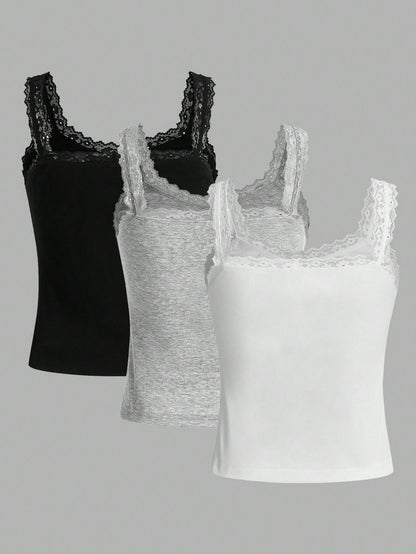Essnce Plus Size Women's 3-Pieces Camisole Tops Elegant Business Casual Lace Splicing Suspenders Black White Grey Summer Commuting Lounge Office