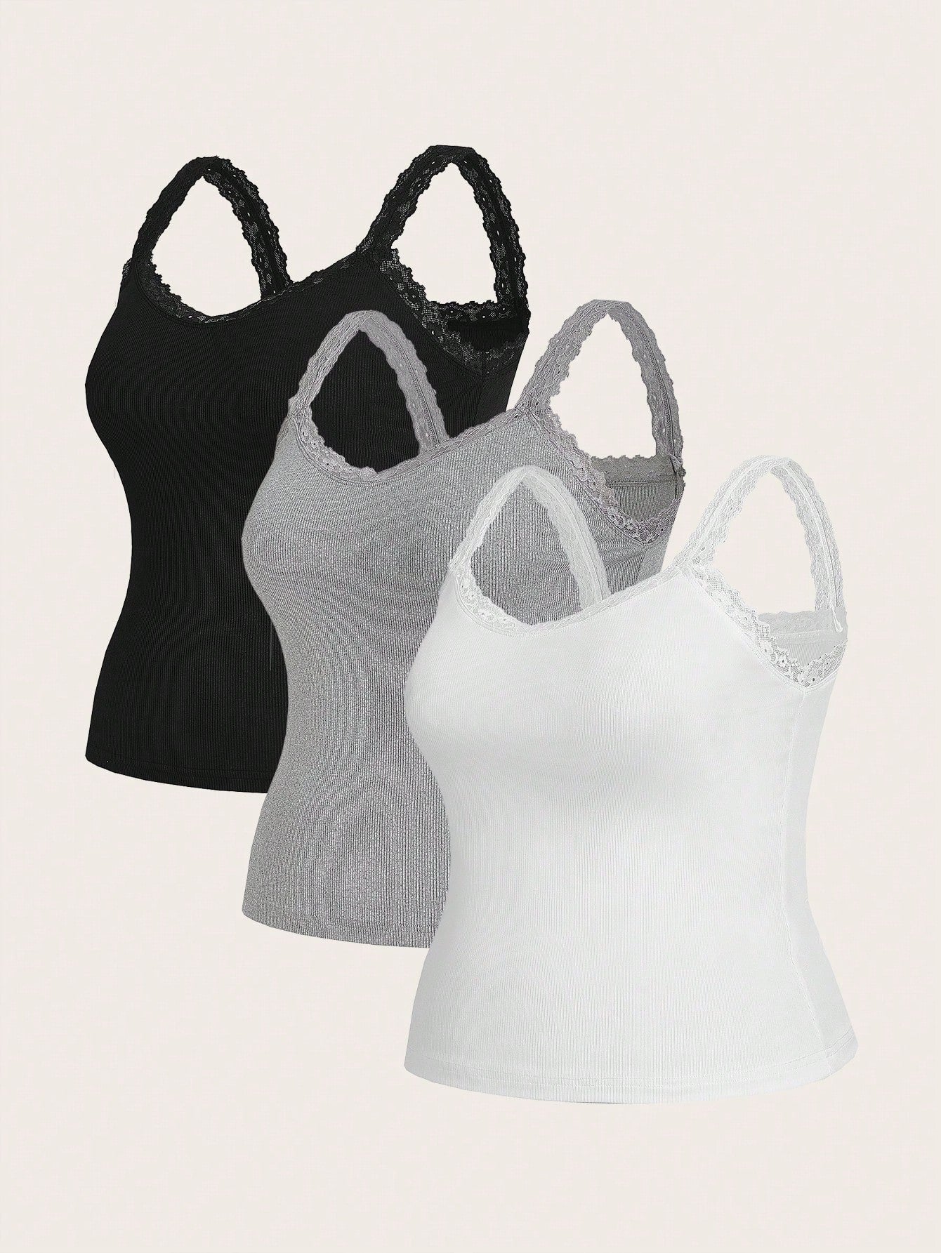 Essnce Plus Size Women's 3-Pieces Camisole Tops Elegant Business Casual Lace Splicing Suspenders Black White Grey Summer Commuting Lounge Office