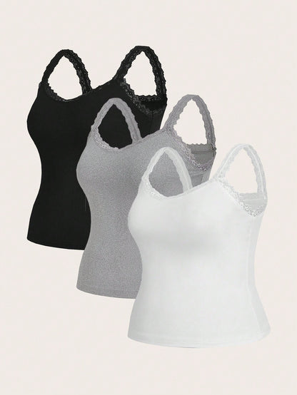Essnce Plus Size Women's 3-Pieces Camisole Tops Elegant Business Casual Lace Splicing Suspenders Black White Grey Summer Commuting Lounge Office