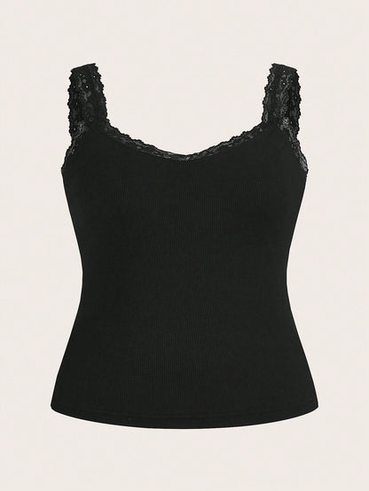 Essnce Plus Size Women's 3-Pieces Camisole Tops Elegant Business Casual Lace Splicing Suspenders Black White Grey Summer Commuting Lounge Office