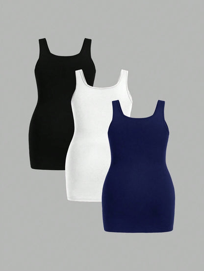 Essnce Plus Size Women's Solid Color Round Neck Casual Smart Casual Versatile Tank Top Back-To-School Black White Navy Blue Summer Date Night Office