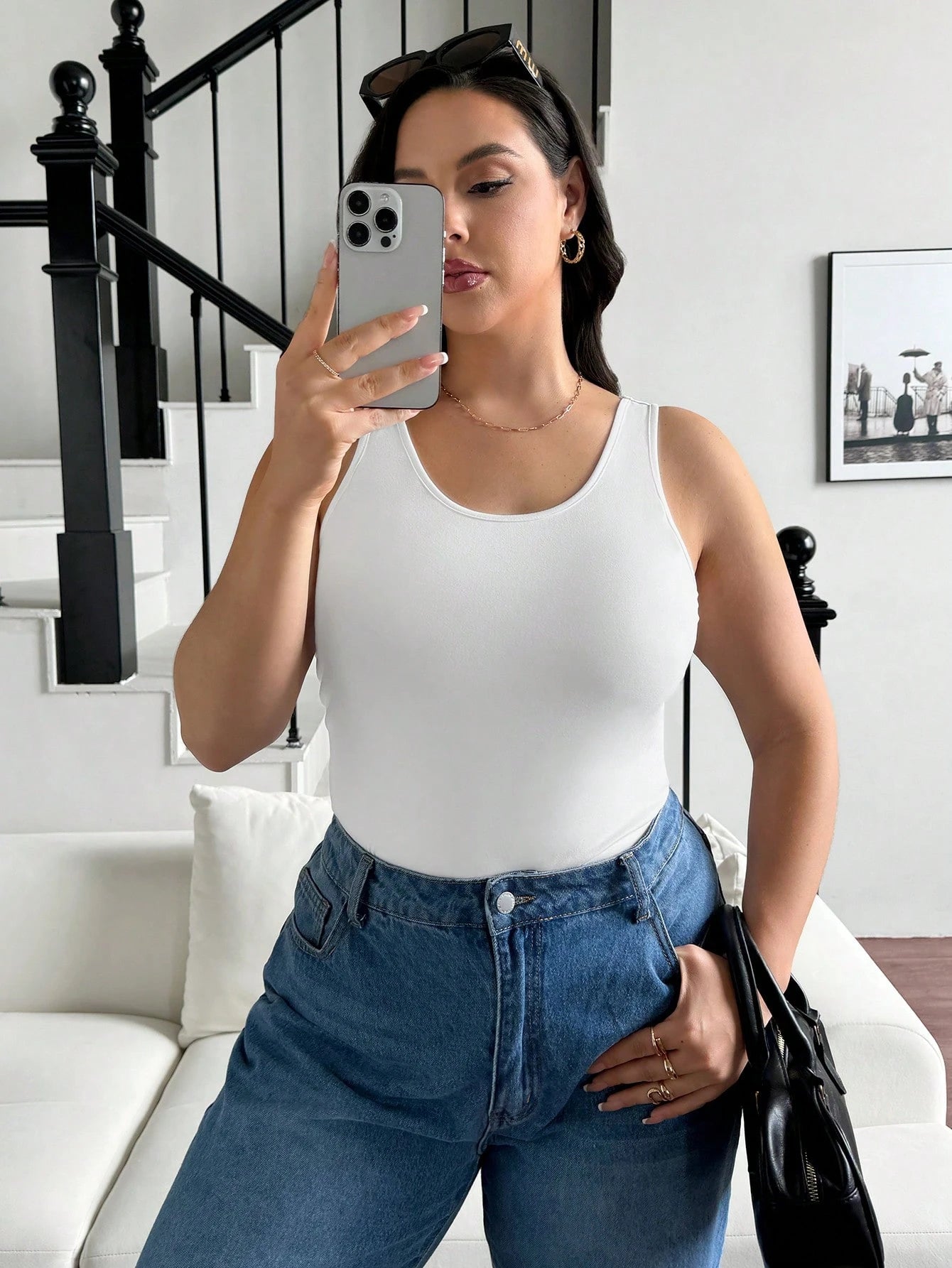 Essnce Plus Size Women's Solid Color Round Neck Casual Smart Casual Versatile Tank Top Back-To-School Black White Navy Blue Summer Date Night Office