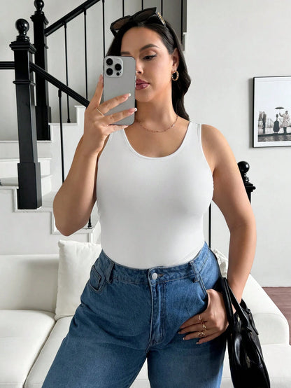 Essnce Plus Size Women's Solid Color Round Neck Casual Smart Casual Versatile Tank Top Back-To-School Black White Navy Blue Summer Date Night Office