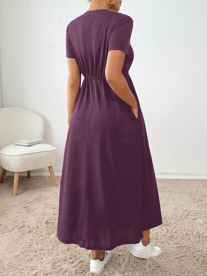 Essnce Women's Casual Versatile Solid Color Drawstring Waist Short Sleeve Dress