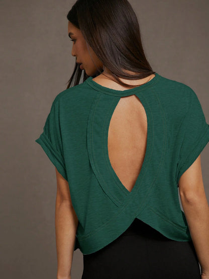 Essnce Women's Solid Color Hollow-Out Short Sleeve T-Shirt