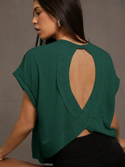 Essnce Women's Solid Color Hollow-Out Short Sleeve T-Shirt