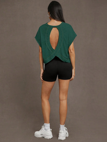 Essnce Women's Solid Color Hollow-Out Short Sleeve T-Shirt