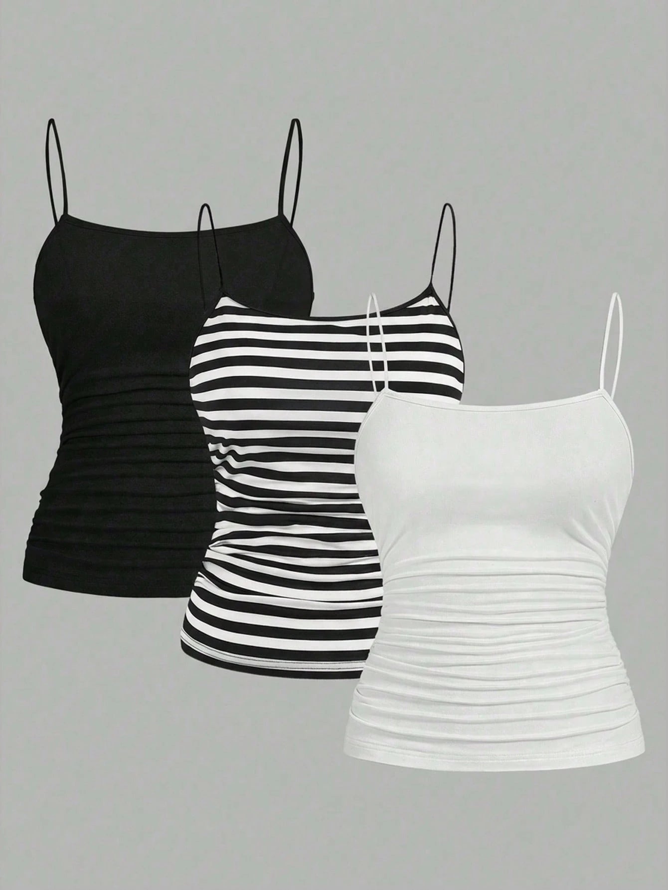 EZwear 3pcs/Set Plus Size Women Ruched Side Sleeveless Camisole Vest,Black And White Striped,Summer,Casual,Everyday Spaghetti Tops Multipack Tank Body Tops