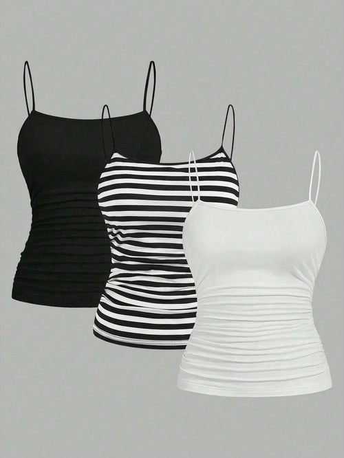 EZwear 3pcs/Set Plus Size Women Ruched Side Sleeveless Camisole Vest,Black And White Striped,Summer,Casual,Everyday Spaghetti Tops Multipack Tank Body Tops