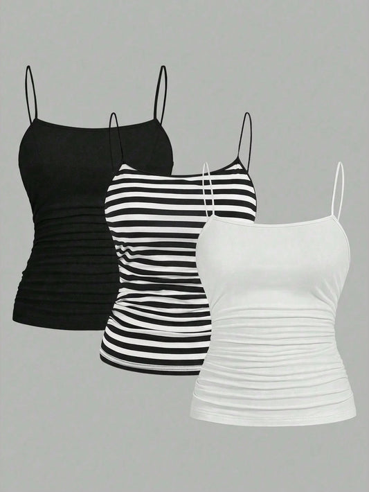 EZwear 3pcs/Set Plus Size Women Ruched Side Sleeveless Camisole Vest,Black And White Striped,Summer,Casual,Everyday Spaghetti Tops Multipack Tank Body Tops