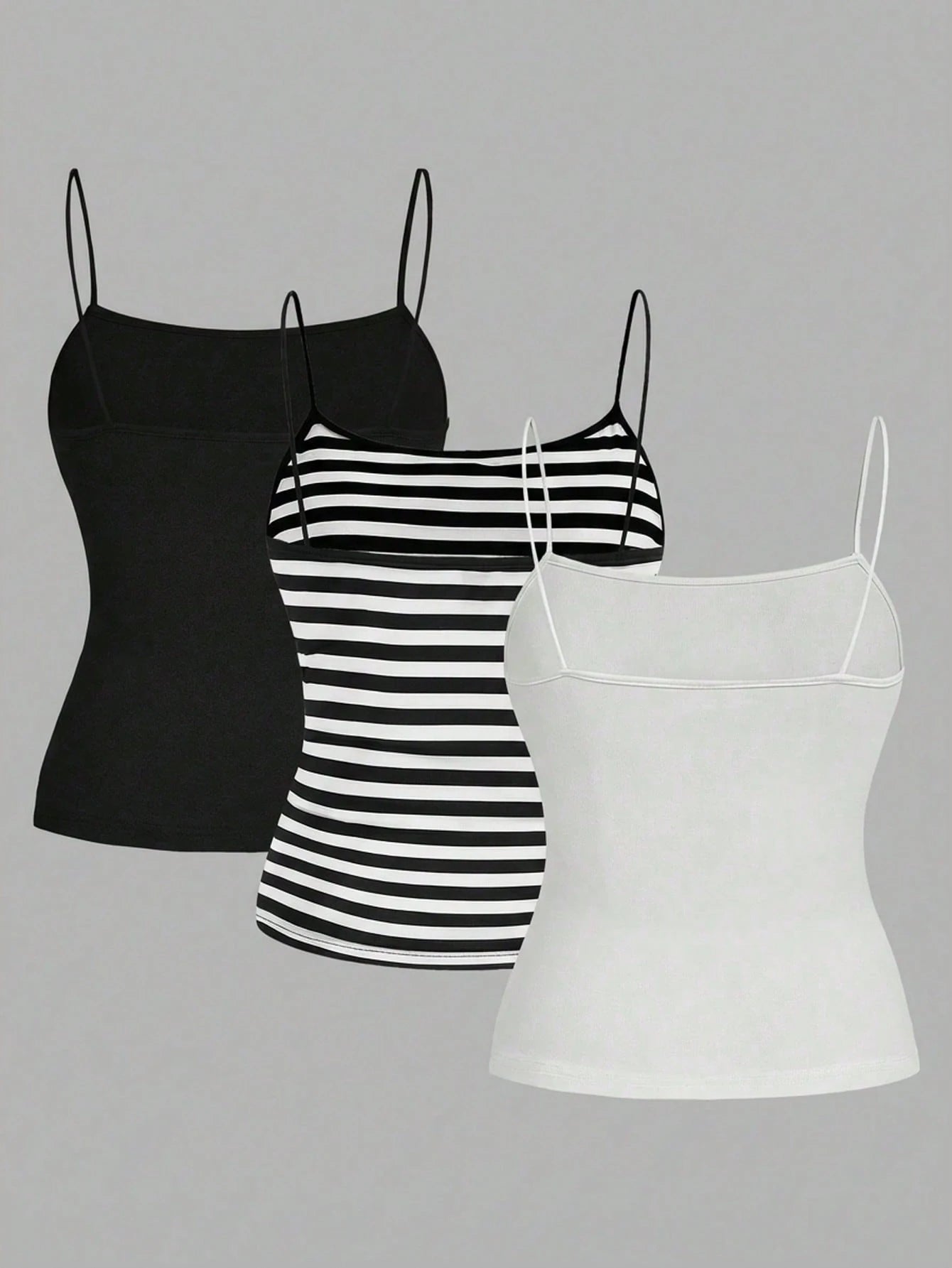 EZwear 3pcs/Set Plus Size Women Ruched Side Sleeveless Camisole Vest,Black And White Striped,Summer,Casual,Everyday Spaghetti Tops Multipack Tank Body Tops