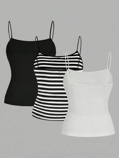 EZwear 3pcs/Set Plus Size Women Ruched Side Sleeveless Camisole Vest,Black And White Striped,Summer,Casual,Everyday Spaghetti Tops Multipack Tank Body Tops